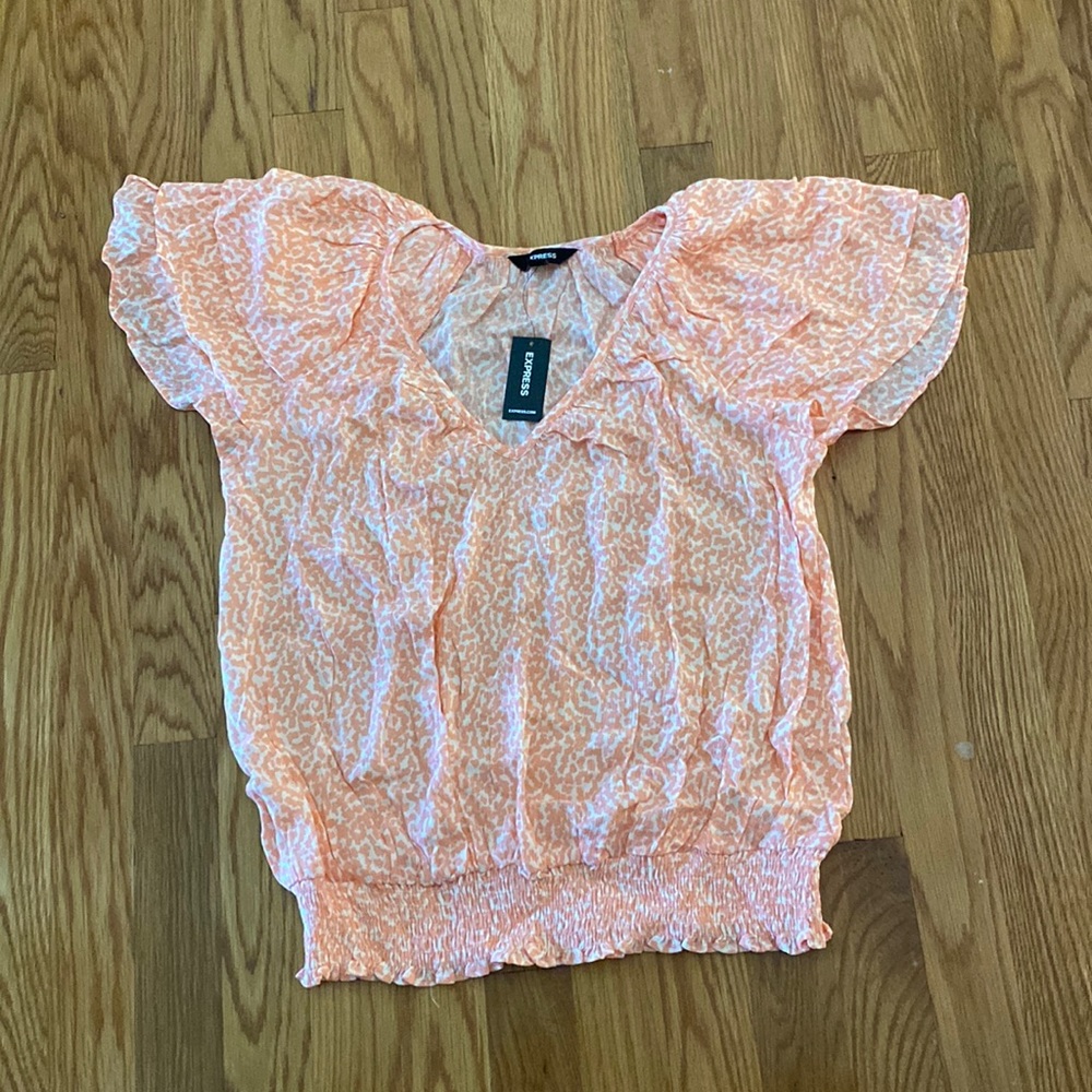 Pink & White Patterned Ruffle Sleeve V Neck Blouse